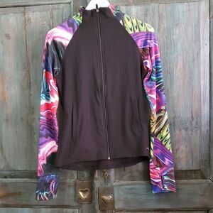 X By Gottex Black Abstract Long Sleeve Full Zip Athletic Jacket, Size Small